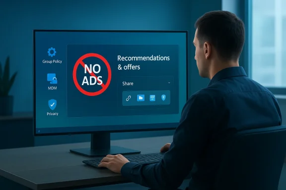 A man sits at a desk, viewing an ad-free UI with 'NO ADS' and recommendations.