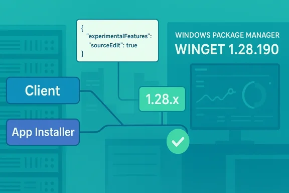 Infographic about Windows Package Manager Winget 1.28.x with Client and App Installer.