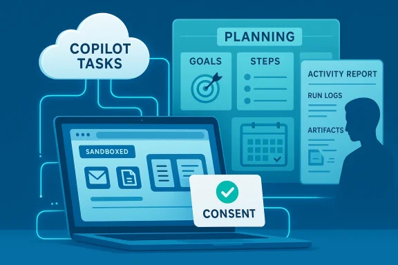 A digital planning scene featuring a Copilot Tasks cloud, planning board, and a consent card.