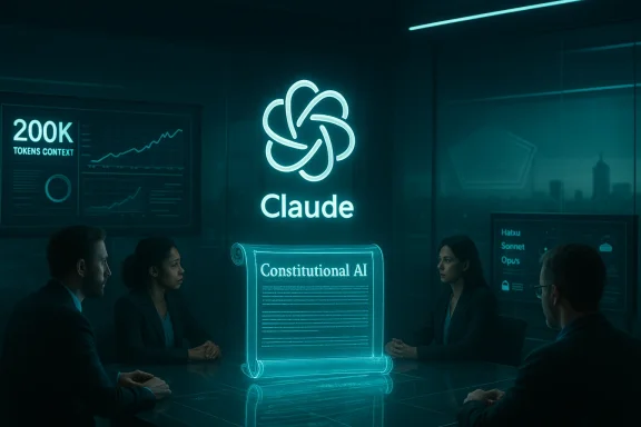 Neon-lit boardroom discussing Constitutional AI with the Claude hologram.