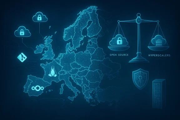 Blue neon map of Europe with cloud security icons, open source vs hyperscalers, and Linux mascot.