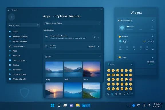 Windows-style settings screen with Apps > Optional features and a blue Widgets panel.