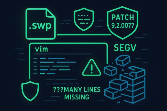 Neon diagram of patching a .swp file to fix a SEGV, with vim code and warning icons.