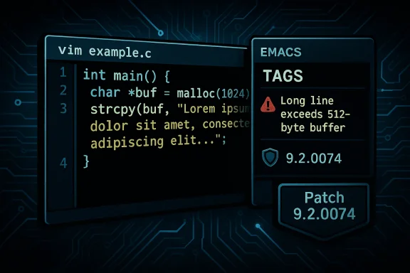 Split-screen showing Vim editing a C program on the left and EMACS with a long-line warning on the right.
