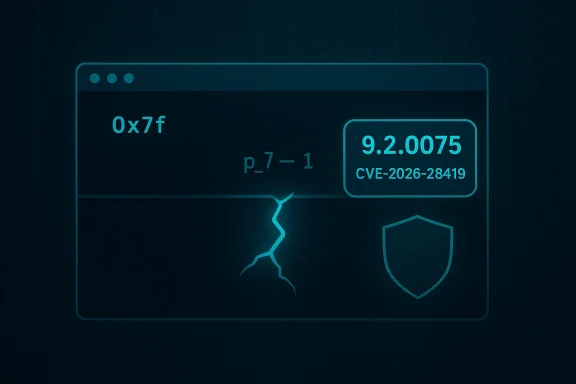 Cybersecurity illustration of a browser window showing CVE-2026-28419 vulnerability.
