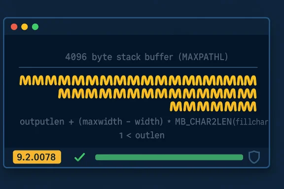 Dark software window illustrating a 4096-byte stack buffer overflow with yellow M characters and a green progress bar.