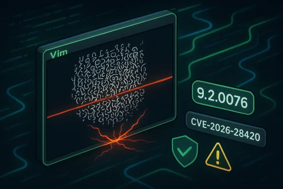Vim vulnerability concept art: a red fault line cuts through a glyph cluster, CVE-2026-28420.