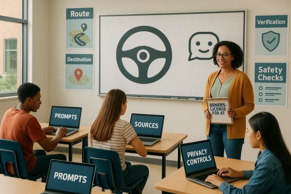 Teacher leads a digital-safety lesson as students use laptops labeled Prompts, Sources, and Privacy Controls.