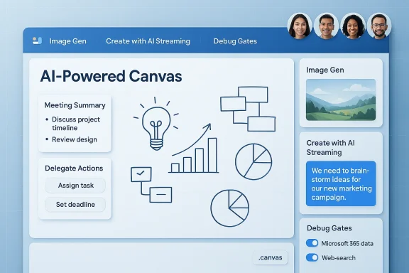 AI-powered canvas dashboard showing meeting notes, task delegation, and data visuals.