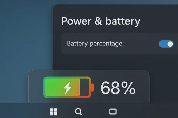 Dark UI showing power & battery settings with a 68% battery indicator.