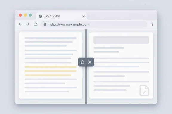 A split-view browser shows two documents side by side with a central divider.