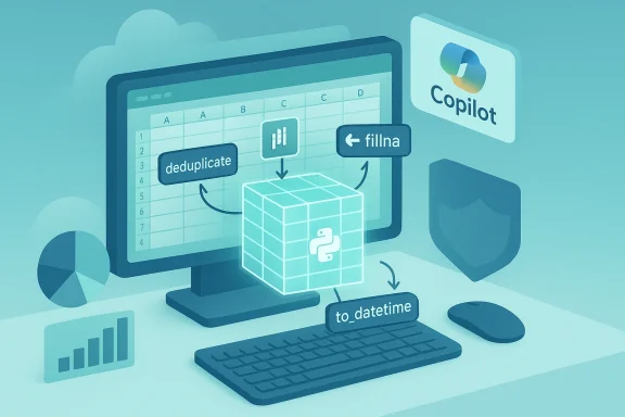 A data-cleaning workflow with deduplicate, fillna, and to_datetime on a computer.