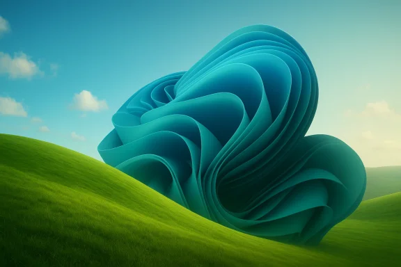 A surreal teal, layered spiral sculpture rests on a grassy hill under a clear blue sky.