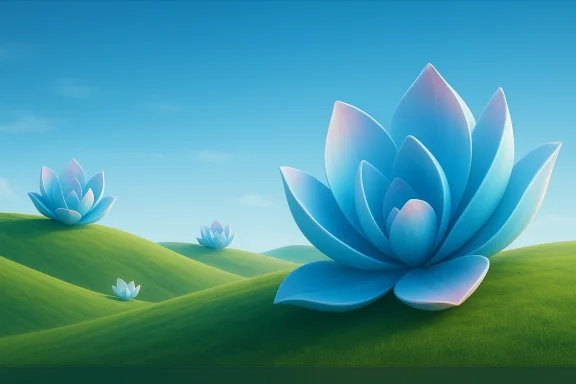 Blue lotus blooms rise across rolling green hills beneath a clear blue sky.