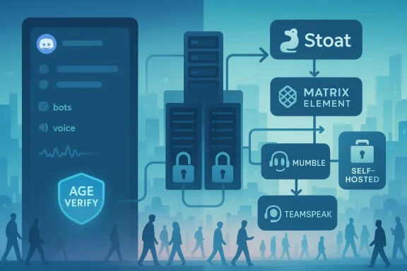 Blue futuristic schematic of an age-verify system linking bots with chat apps and servers.