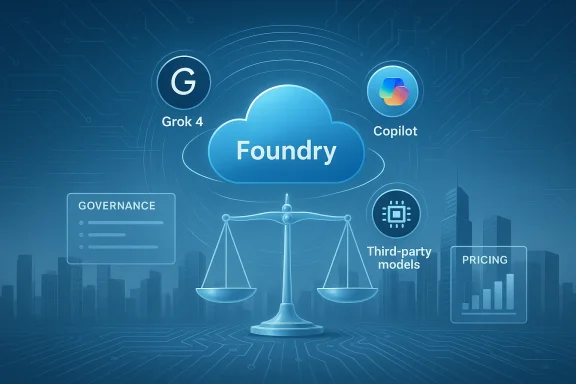 Blue Foundry cloud icon with governance, pricing, and AI tool logos around a balance scale.