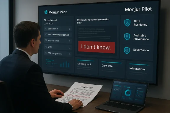 A businessperson reviews a Monjur Pilot dashboard while a contract sits on the desk.