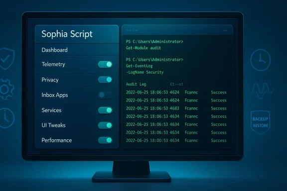 A futuristic blue dashboard on a monitor showing Sophia Script with toggles and a PowerShell-like log.