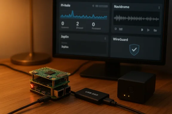 A compact Raspberry Pi stack on a desk, connected to a USB SSD, with a monitor displaying dashboards.
