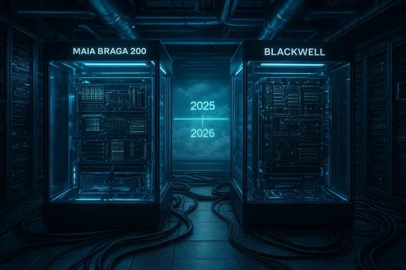 Blue-lit data center with two glass-front server enclosures labeled Maia Braga 200 and Blackwell, 2025–2026.