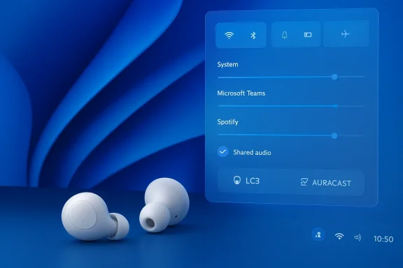 White wireless earbuds rest on a blue surface beside a translucent panel displaying app audio sliders.