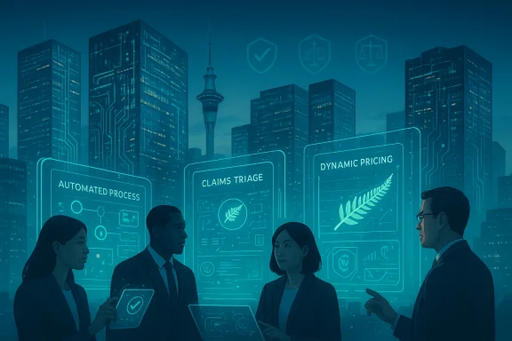 Professionals discuss automated processes, claims triage, and dynamic pricing on holographic interfaces.