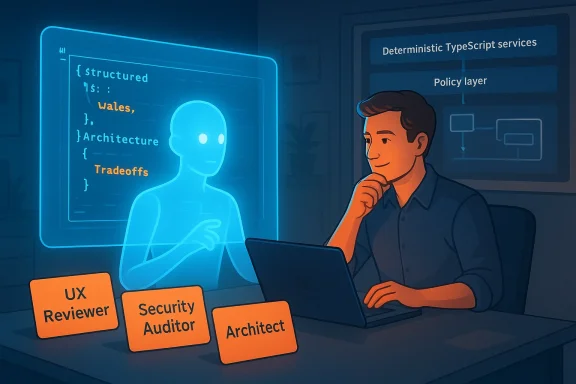 A man at a laptop consults a holographic AI about architecture, beside UX, Security, and Architect tags.
