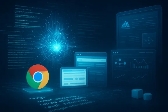 Chrome logo on a futuristic blue data dashboard with charts and code.