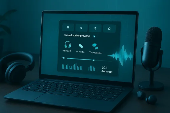 Laptop screen shows a shared audio panel with Bluetooth, LE Audio, and True Wireless icons; headphones and a mic nearby.