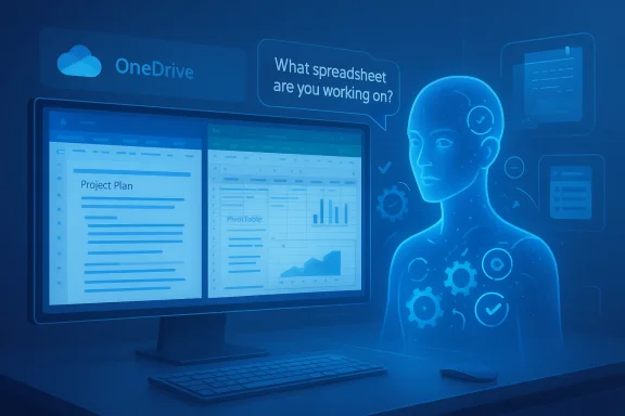 Blue holographic AI beside a monitor displaying a project plan and charts.