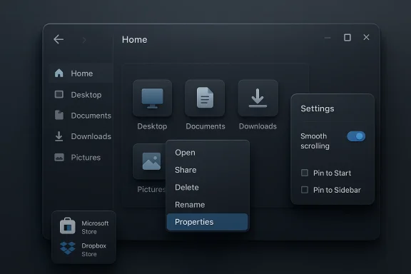 Dark, futuristic file explorer UI with a left navigation pane, center folder icons, and a settings panel.