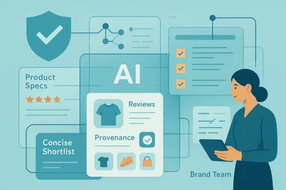 A person with a tablet among AI-themed panels showcasing product specs, reviews, and branding.