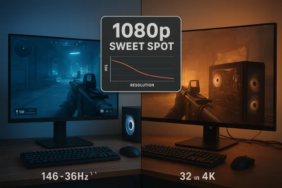 Split-screen gaming setup contrasts 1080p sweet spot on the blue side with 4K on the orange side.