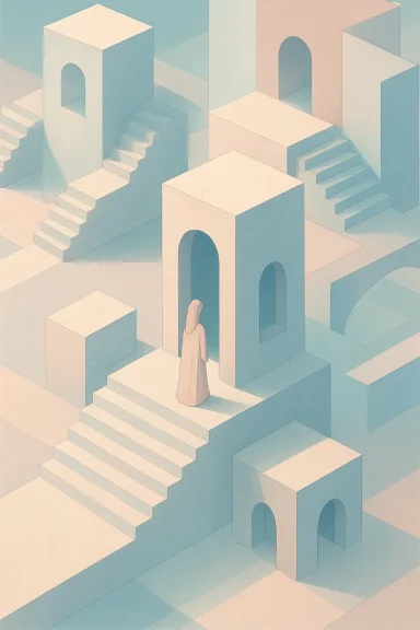 A lone robed figure climbs stairs among pastel arches in a surreal geometric city.