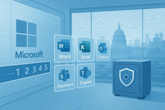 Blue illustration of Microsoft apps (Word, Excel, Outlook, SharePoint, Copilot) with a vault.