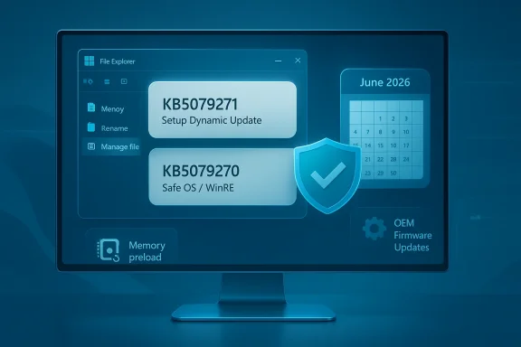 Blue-tinted monitor displaying OS updates (KB5079271/KB5079270) with a shield icon.