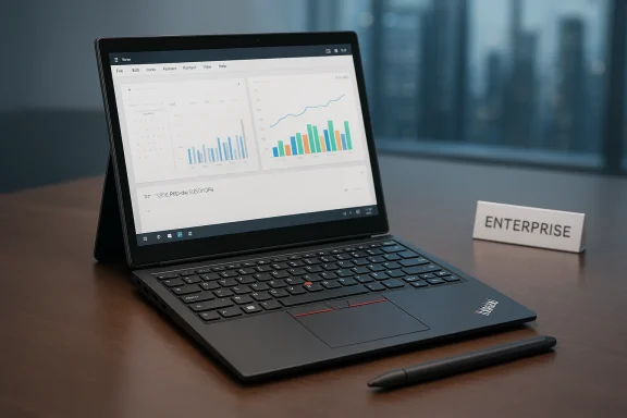 A Lenovo ThinkPad 2-in-1 displays charts on its screen, with a stylus and an 'ENTERPRISE' sign nearby.