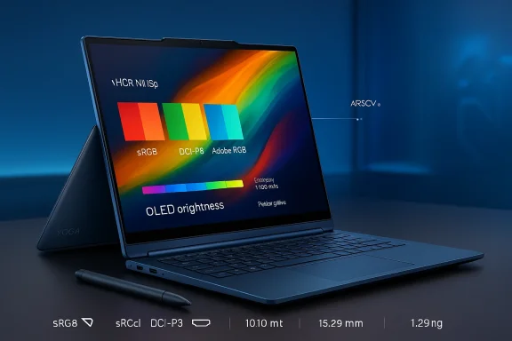 Lenovo Yoga laptop in laptop mode with a vivid screen displaying sRGB, DCI-P3, and Adobe RGB color spaces.
