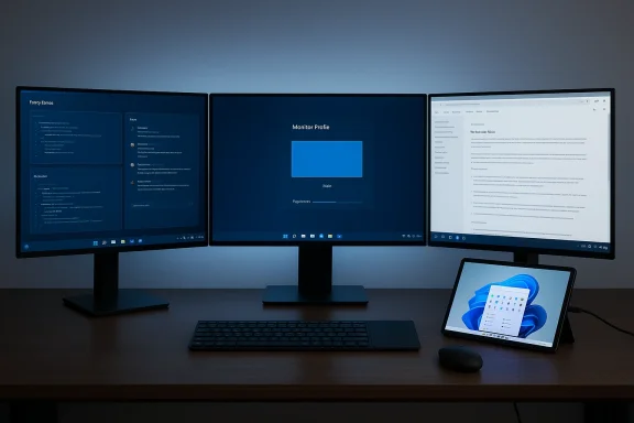Triple-monitor setup with tablet displaying Windows 11 on a dark wood desk.