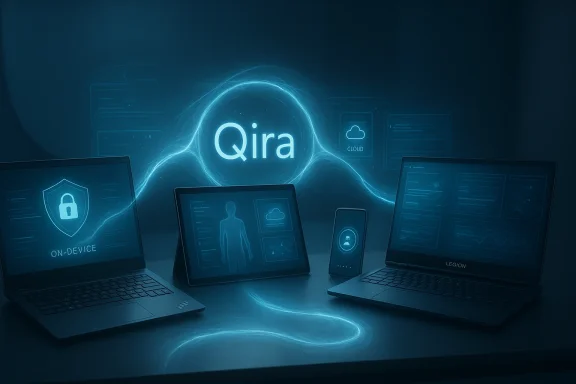 Qira cloud-enabled security hub linking laptops, tablets, and a smartphone.