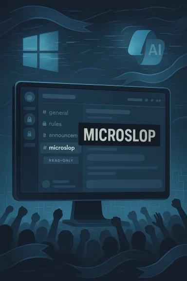 A cheering crowd watches a giant monitor displaying a chat app labeled MICROSLOP.