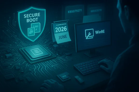 Computer setup with a Secure Boot shield, a WinRE monitor, and a June 2026 calendar on a circuit-board background.