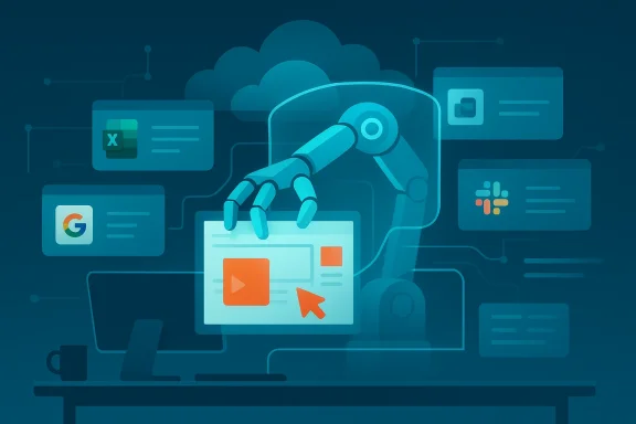 Robotic arm operating a UI card amid cloud and app icons.