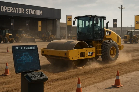 CAT road roller compacting dirt at a training yard with an AI assistant screen.