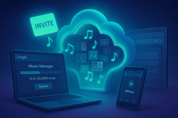 A glowing blue cloud music hub links a laptop and a smartphone with an invite.