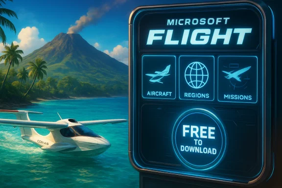 Tropical island scene with a glowing Microsoft Flight interface beside a seaplane on turquoise water.