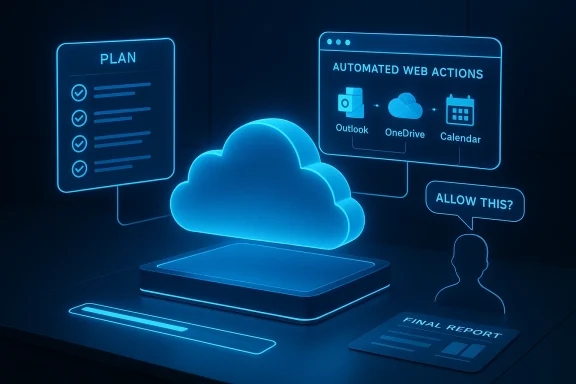A glowing blue holographic cloud computing dashboard with plan, automated actions, and a final report.