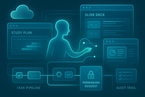 Neon blue diagram of a user coordinating study plans, slide decks, tasks, permissions, and audit trails.