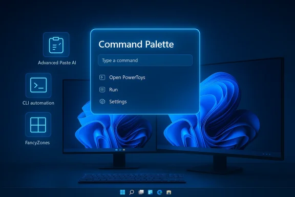 Neon blue Command Palette hovers over a dual-monitor Windows desktop.